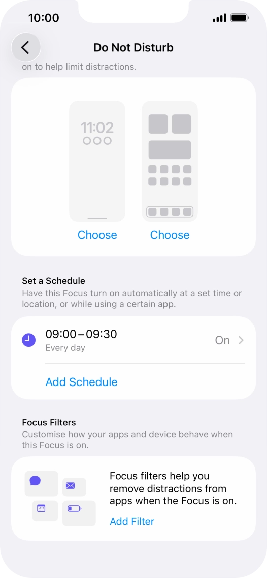 Press Add Schedule and follow the instructions on the screen to select settings for automatic activation of Do Not Disturb.