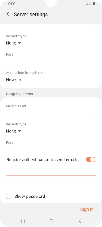 Press the password field and key in the password for your email provider's outgoing server.