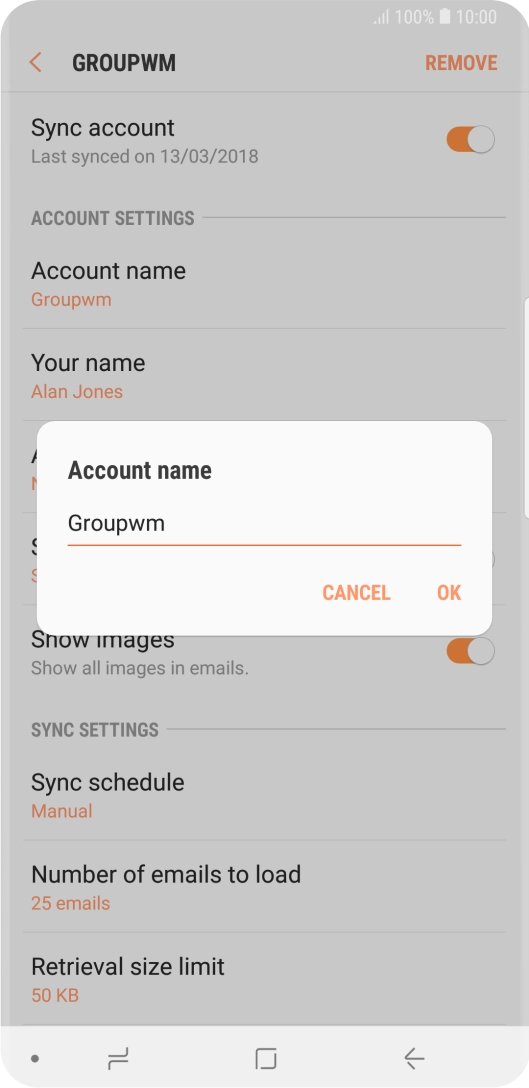 Key in the required name for the email account and press OK.