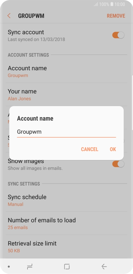 Key in the required name for the email account and press OK.
