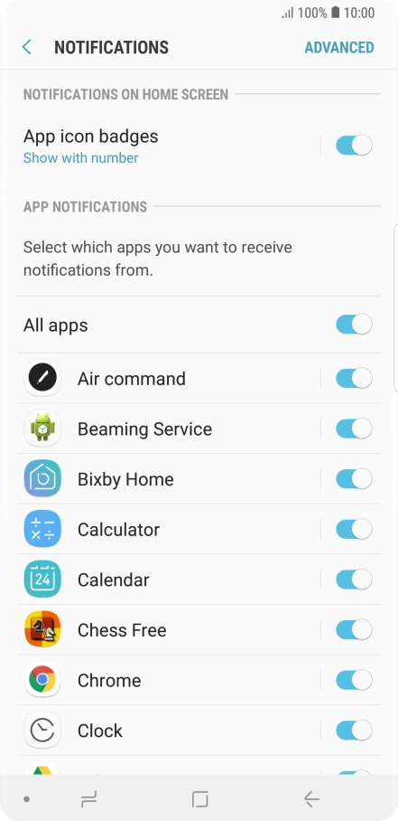 Press the indicator next to the required app to turn the function on or off.