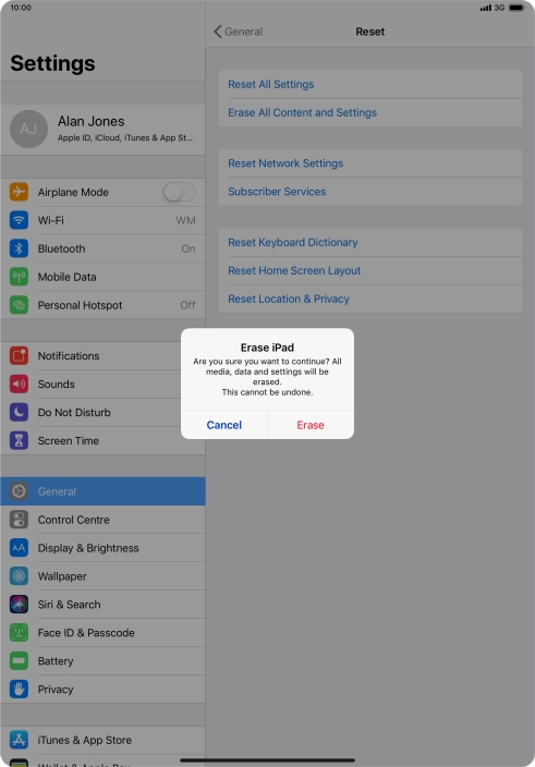 Press Erase. Wait a moment while the factory default settings are restored. Follow the instructions on the screen to set up your tablet and prepare it for use.