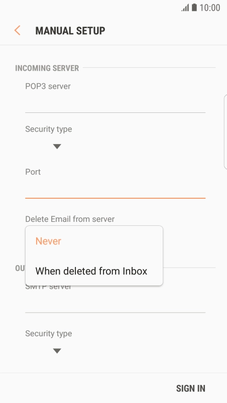 Press Never to keep email messages on the server when you delete them on your phone.