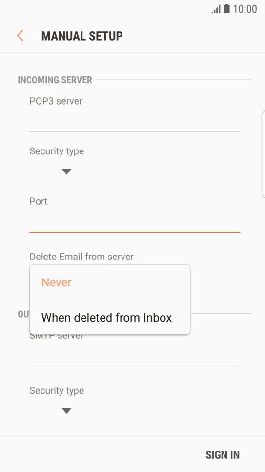 Press Never to keep email messages on the server when you delete them on your phone.
