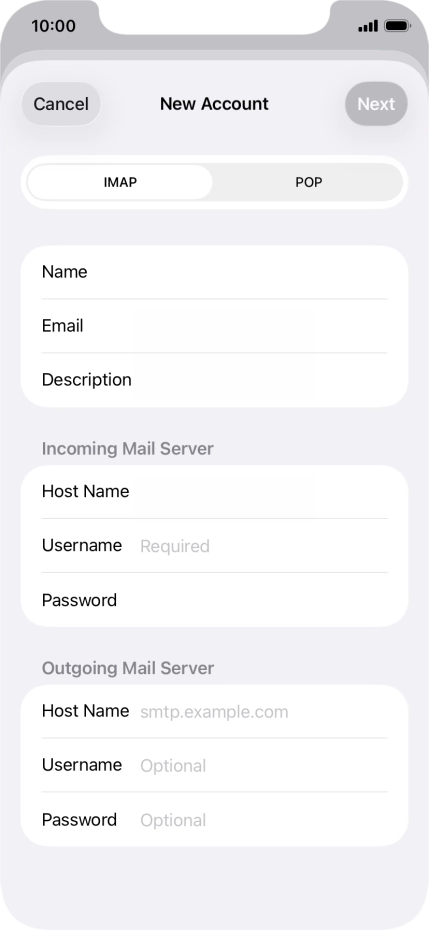 Press Username and key in the username for your email account.
