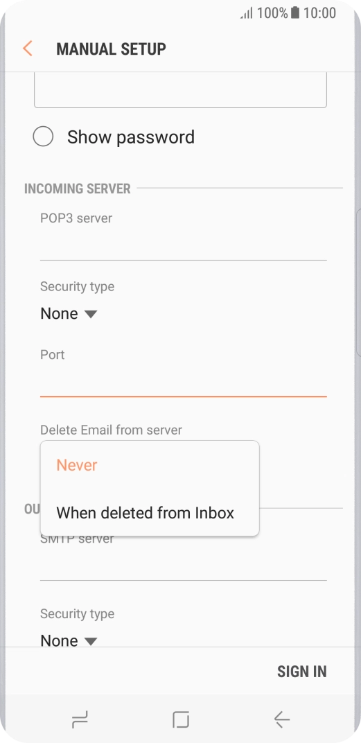 Press Never to keep email messages on the server when you delete them on your phone.