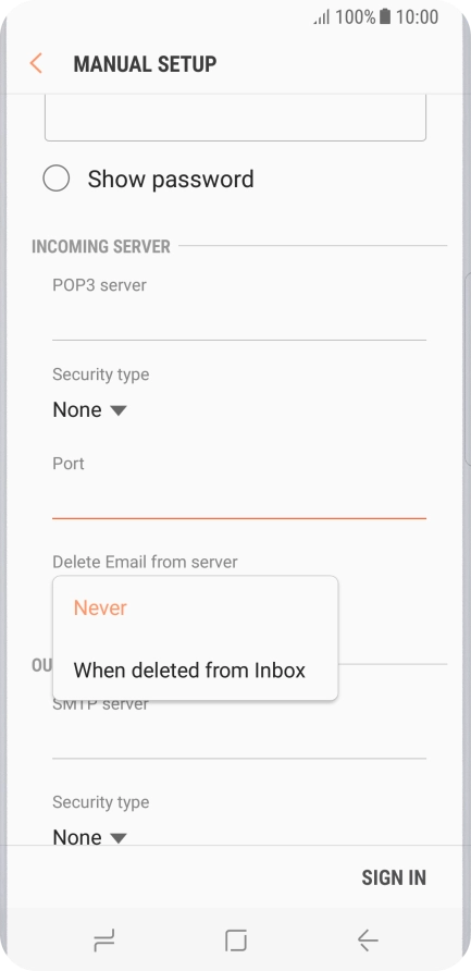 Press Never to keep email messages on the server when you delete them on your phone.