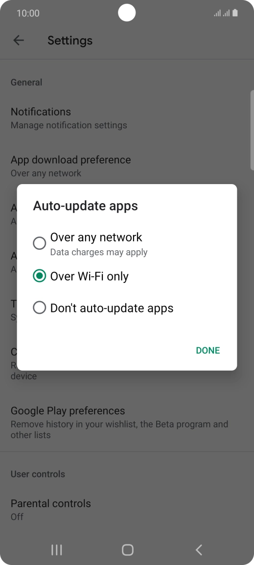 To turn on automatic update of apps using mobile network, press Over any network.