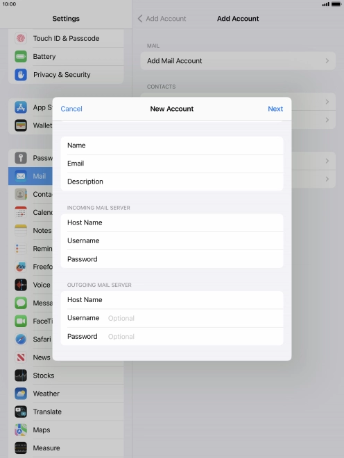 Press Username and key in the username for your email account.