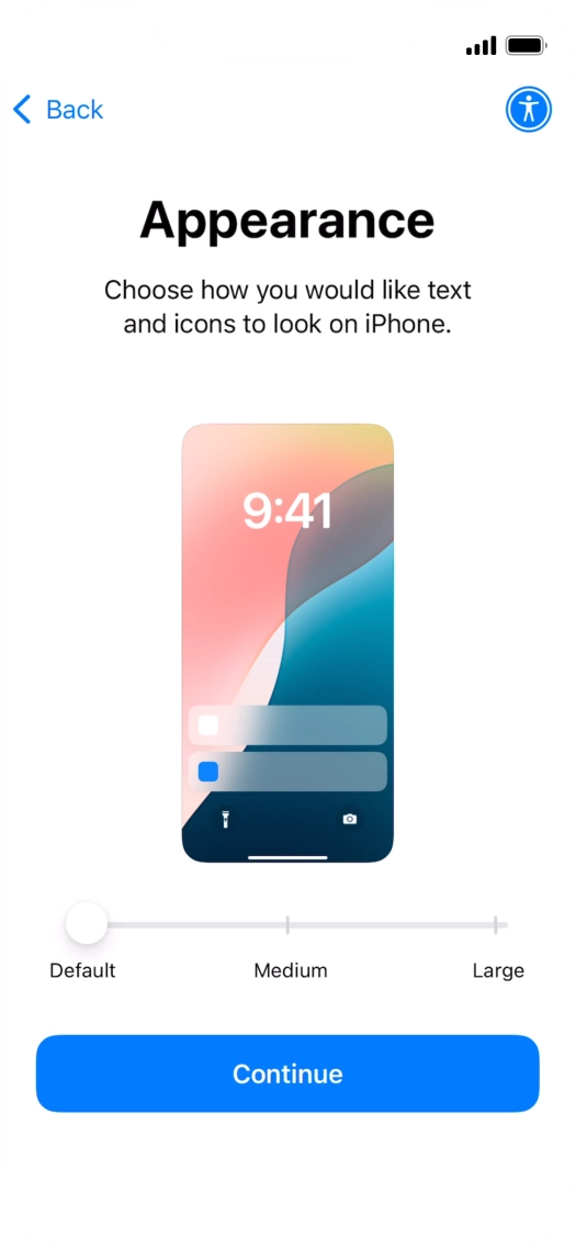 Select the required text and icon size on your phone and press Continue.
