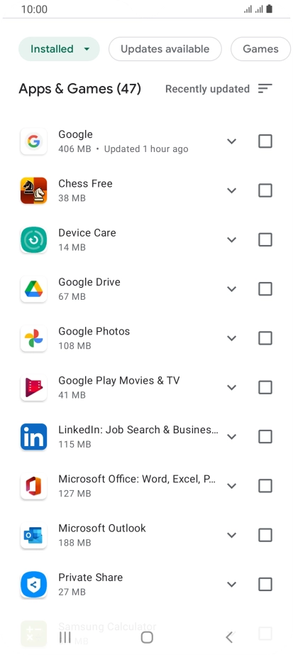 Press the field next to the required app.