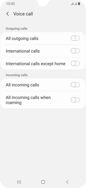 Press the indicator next to the required barring type to turn the function on or off.