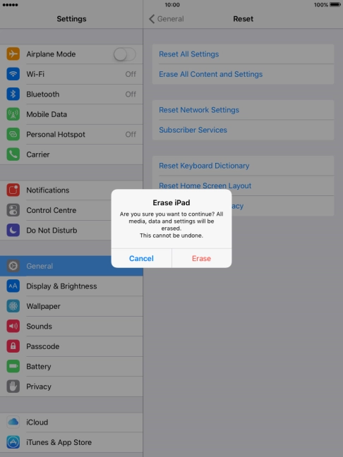 Press Erase. Wait a moment while the factory default settings are restored. 
Follow the instructions on the screen to set up your tablet and prepare it for use.