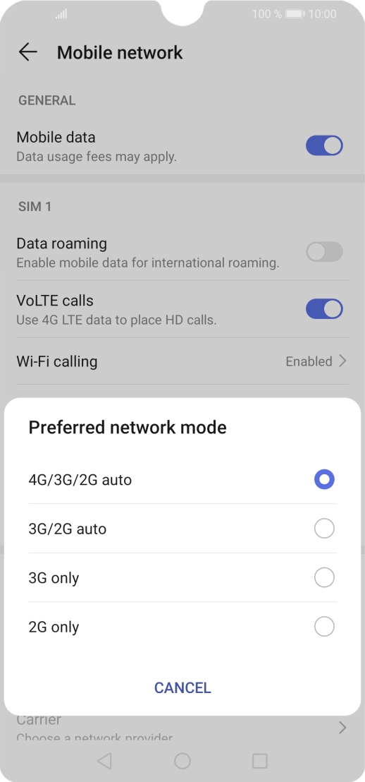 Press the required network mode.