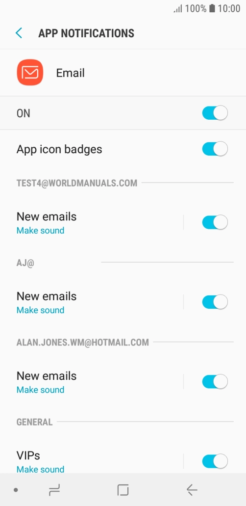 Press the indicator below the required email account to turn the function on or off.