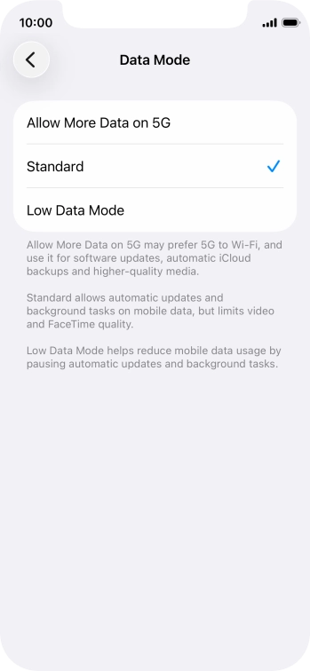 Press the required setting.