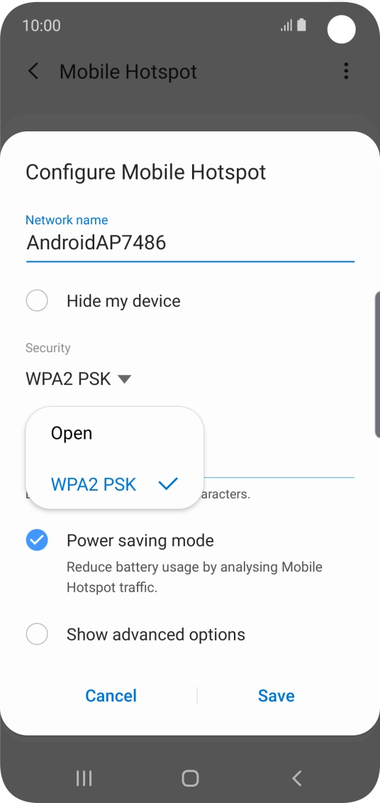 Press WPA2 PSK to password protect your Wi-Fi hotspot.