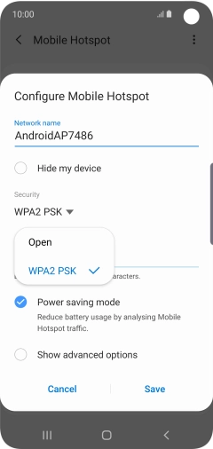 Press WPA2 PSK to password protect your Wi-Fi hotspot.