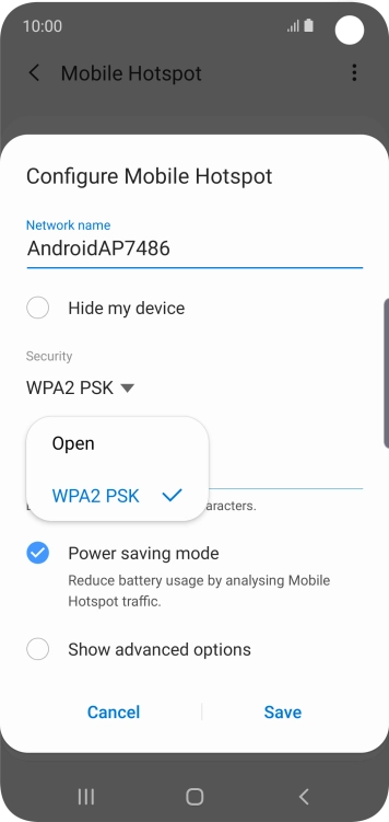 Press WPA2 PSK to password protect your Wi-Fi hotspot.
