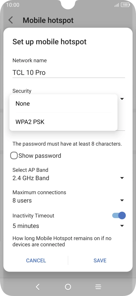 Press WPA2 PSK to password protect your Wi-Fi hotspot.