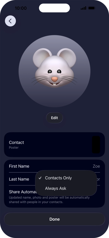 Press the required setting.