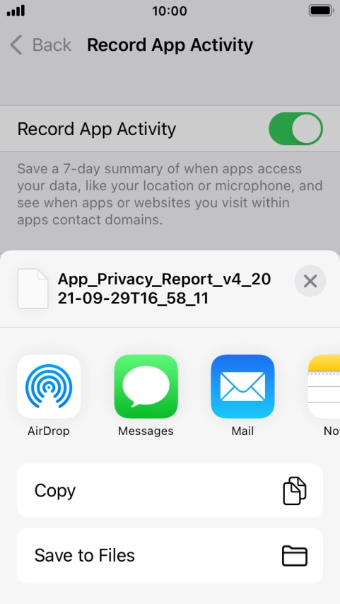 Press the required setting and follow the instructions on the screen to share or save the app activity report.