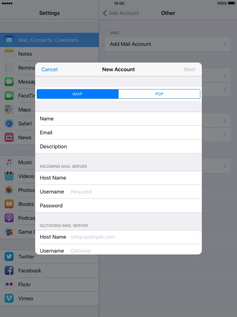 Press Username and key in the username for your email account.