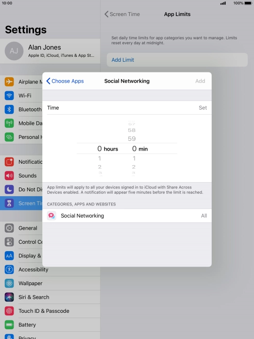 Set the required time limit for use of the selected category.