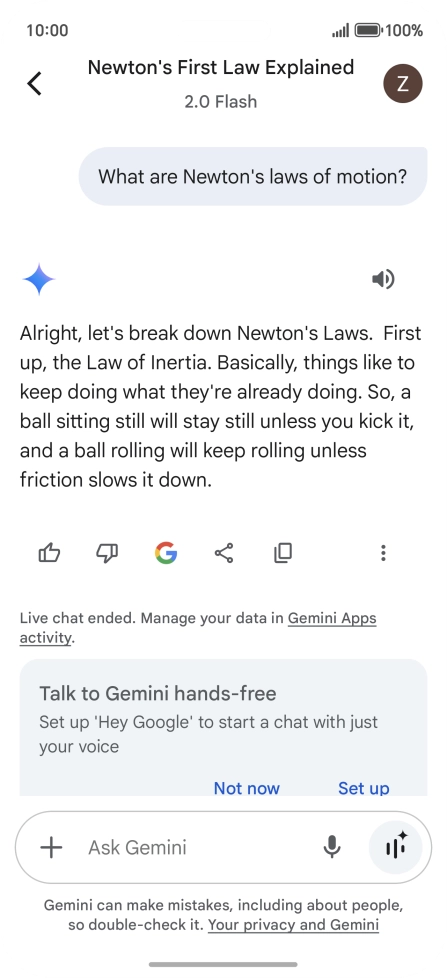 Transcription of the conversation with Gemini Live is now displayed.