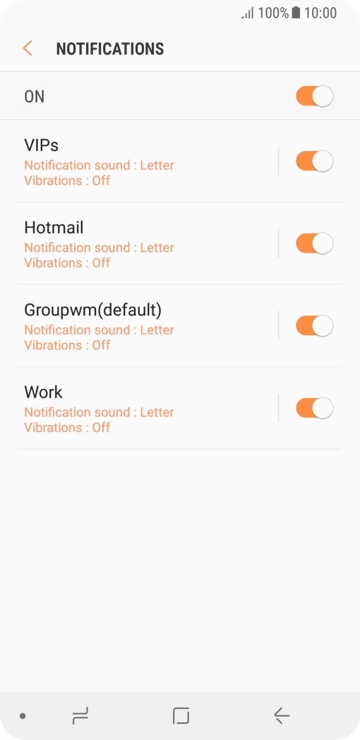 Press the indicator next to the required email account to turn the function on or off.