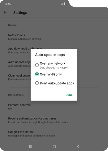 To turn on automatic update of apps using mobile network, press Over any network.