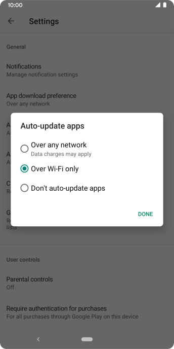 To turn on automatic update of apps using mobile network, press Over any network.