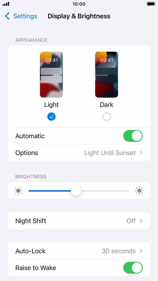 If you turn on the function, press Options and follow the instructions on the screen to select the required period of time for Dark Mode.