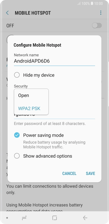 Press WPA2 PSK to password protect your Wi-Fi hotspot.