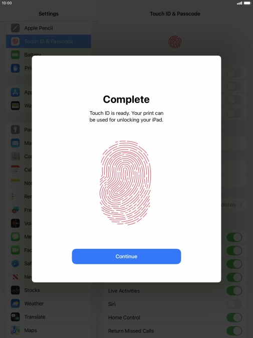 Press Continue. If you haven't previously selected a lock code, key in a code of your own choice twice.