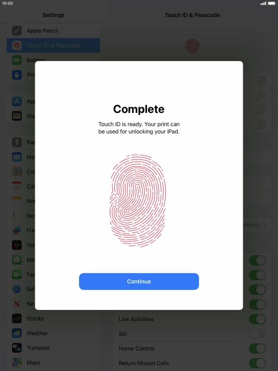 Press Continue. If you haven't previously selected a lock code, key in a code of your own choice twice.