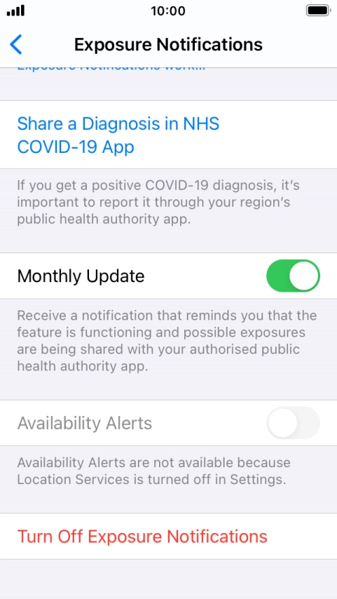 Press Turn Off Exposure Notifications.