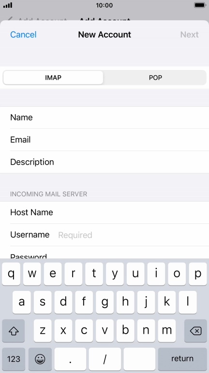 Press Username and key in the username for your email account.