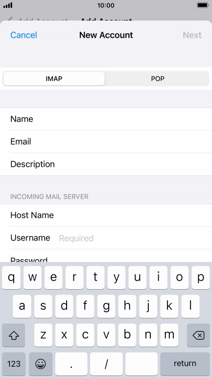 Press Username and key in the username for your email account.