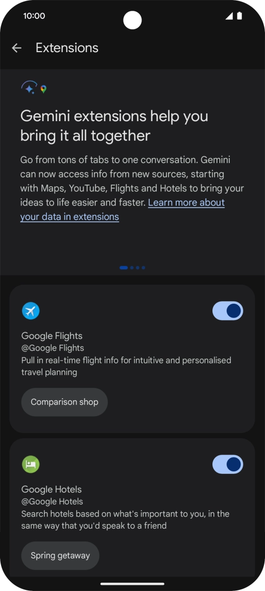 Press the indicator next to the required extension to turn on the function.