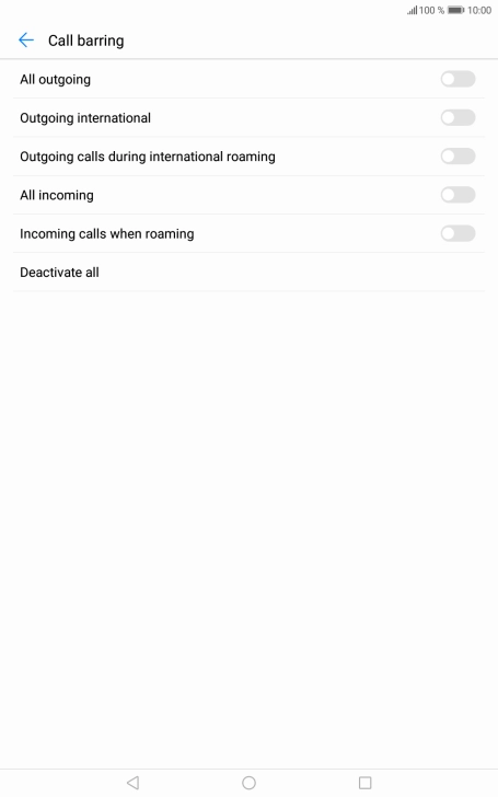Press the indicator next to the required barring type to turn the function on or off.