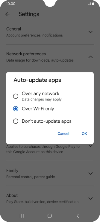 To turn on automatic update of apps using mobile network, press Over any network.