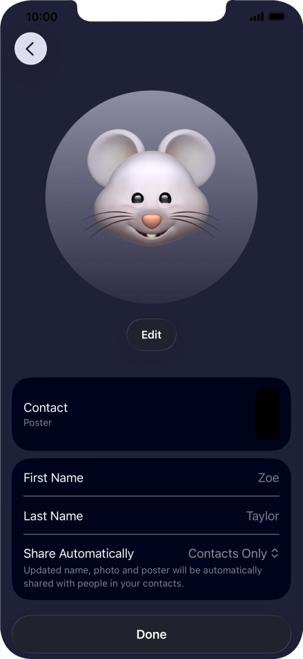 Press the name fields and follow the instructions on the screen to edit your name on the Contact Poster.