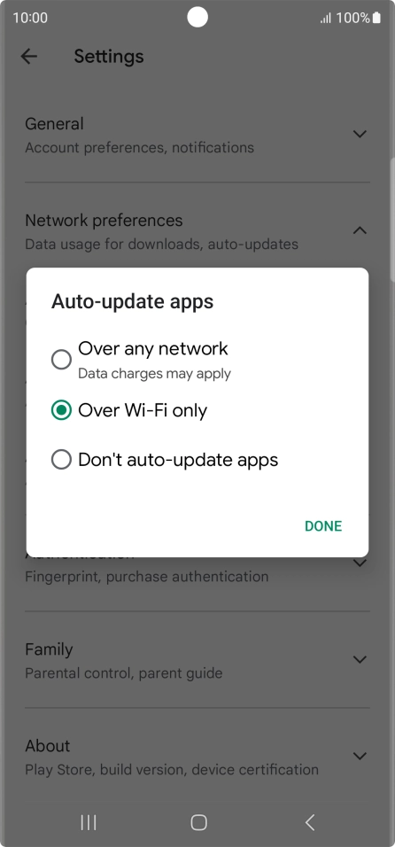 To turn on automatic update of apps using mobile network, press Over any network.