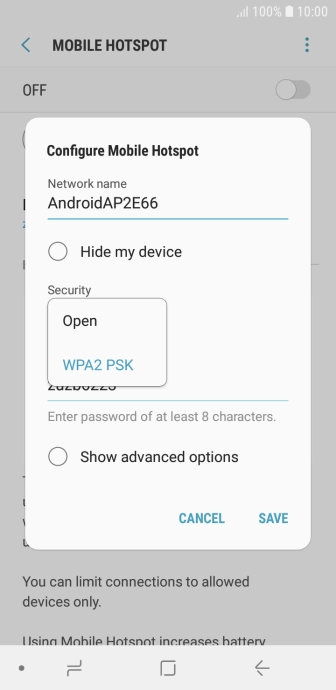 Press WPA2 PSK to password protect your Wi-Fi hotspot.