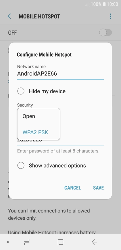 Press WPA2 PSK to password protect your Wi-Fi hotspot.