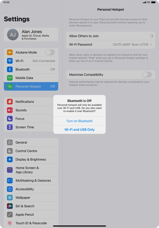 If Wi-Fi is turned on, press Wi-Fi and USB Only.