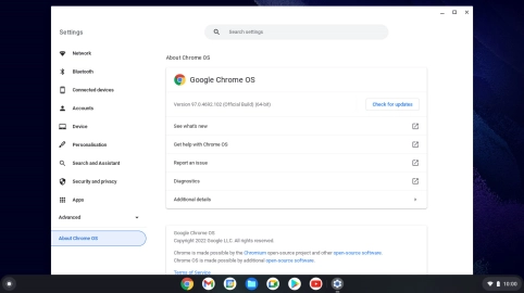 Your laptop's software version is displayed below Google Chrome OS.