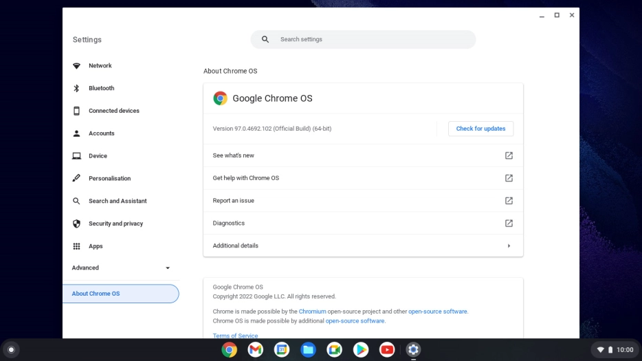 Your laptop's software version is displayed below Google Chrome OS.