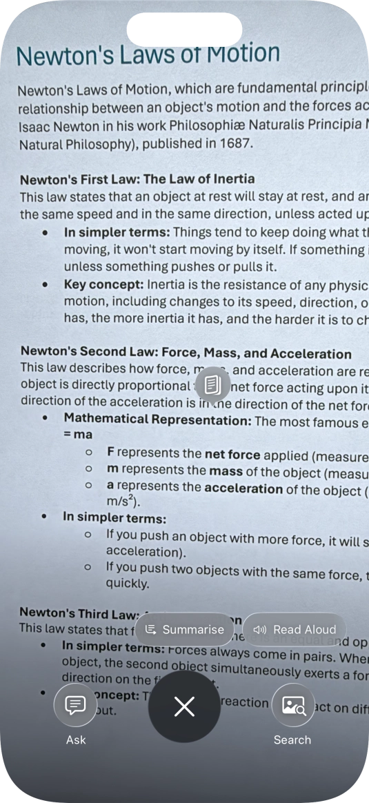 To use visual intelligence on a text, take a picture of the text, press the required setting and follow the instructions on the screen to use the function.